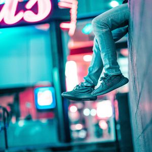 Preview wallpaper legs, wall, sneakers, neon, lights, blur