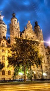 Preview wallpaper leipzig, germany, building, street, night, city lights, road, hdr