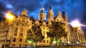 Preview wallpaper leipzig, germany, building, street, night, city lights, road, hdr