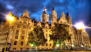 Preview wallpaper leipzig, germany, building, street, night, city lights, road, hdr