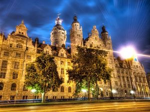 Preview wallpaper leipzig, germany, building, street, night, city lights, road, hdr