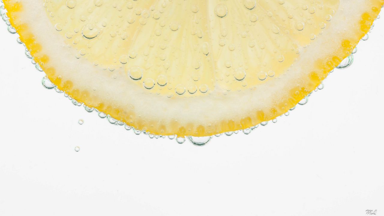 Wallpaper lemon, slice, bubbles, drops, yellow, white background, macro