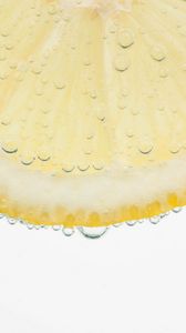 Preview wallpaper lemon, slice, bubbles, drops, yellow, white background, macro