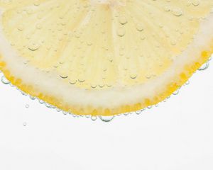 Preview wallpaper lemon, slice, bubbles, drops, yellow, white background, macro