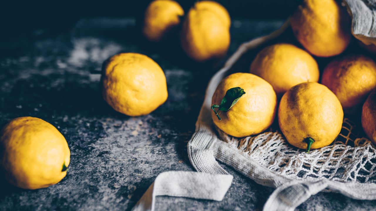 Wallpaper lemons, citrus, fruit, yellow, string bag
