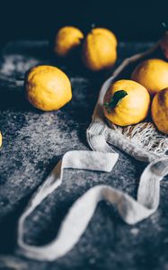 Preview wallpaper lemons, citrus, fruit, yellow, string bag