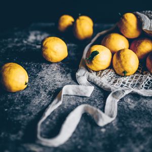 Preview wallpaper lemons, citrus, fruit, yellow, string bag