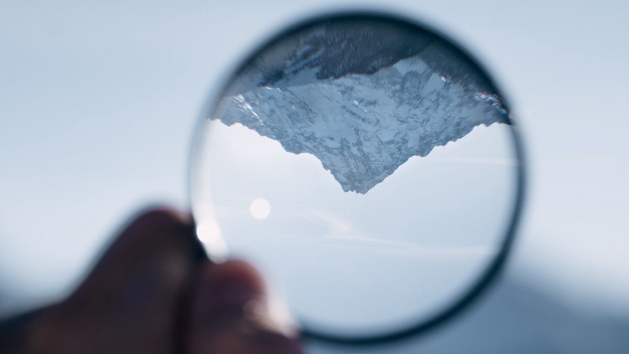Wallpaper lens, mountain, peak, reflection