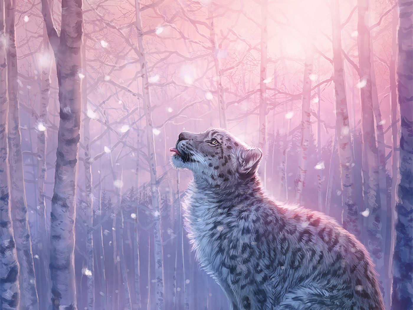 1400x1050 Wallpaper leopard, art, snow leopard, forest, snow
