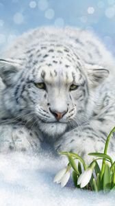 Preview wallpaper leopard, big cat, white, flowers, art