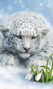 Preview wallpaper leopard, big cat, white, flowers, art