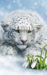 Preview wallpaper leopard, big cat, white, flowers, art