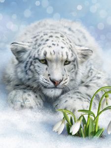 Preview wallpaper leopard, big cat, white, flowers, art