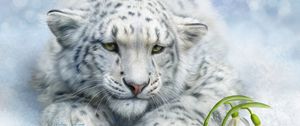 Preview wallpaper leopard, big cat, white, flowers, art