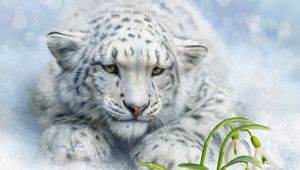 Preview wallpaper leopard, big cat, white, flowers, art