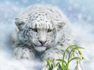 Preview wallpaper leopard, big cat, white, flowers, art