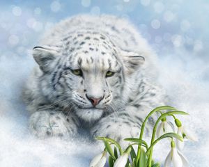 Preview wallpaper leopard, big cat, white, flowers, art