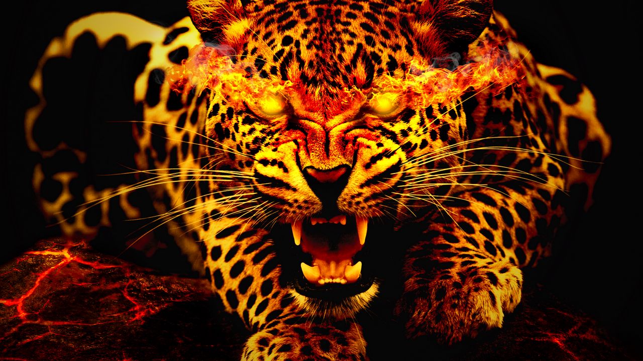 Wallpaper leopard, fire, jaws