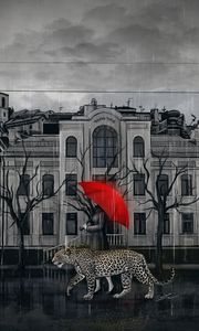 Preview wallpaper leopard, girl, umbrella, city, walk, art
