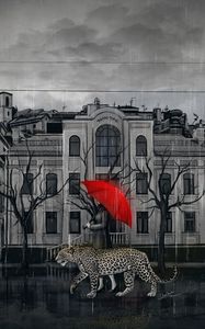 Preview wallpaper leopard, girl, umbrella, city, walk, art