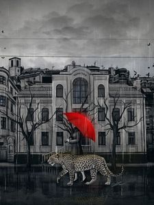 Preview wallpaper leopard, girl, umbrella, city, walk, art