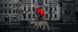 Preview wallpaper leopard, girl, umbrella, city, walk, art