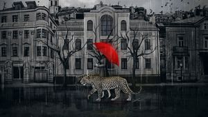 Preview wallpaper leopard, girl, umbrella, city, walk, art