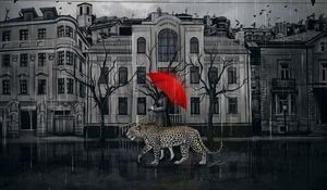 Preview wallpaper leopard, girl, umbrella, city, walk, art