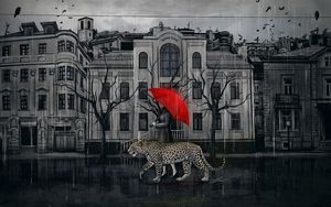 Preview wallpaper leopard, girl, umbrella, city, walk, art