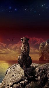 Preview wallpaper leopard, sitting, sunset, landscape, beach