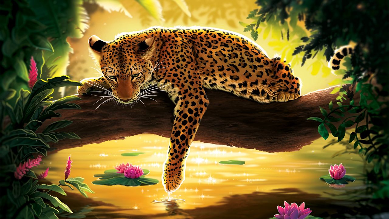 Wallpaper leopard, water, art, tree, water lilies