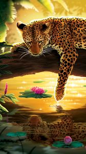 Preview wallpaper leopard, water, art, tree, water lilies