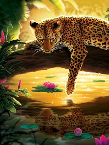 Preview wallpaper leopard, water, art, tree, water lilies