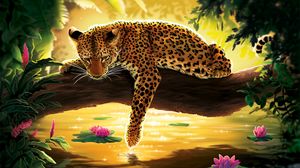 Preview wallpaper leopard, water, art, tree, water lilies