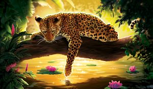 Preview wallpaper leopard, water, art, tree, water lilies