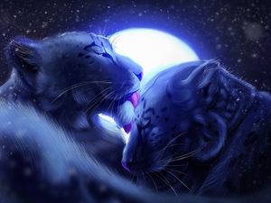 Preview wallpaper leopards, moon, tenderness, care