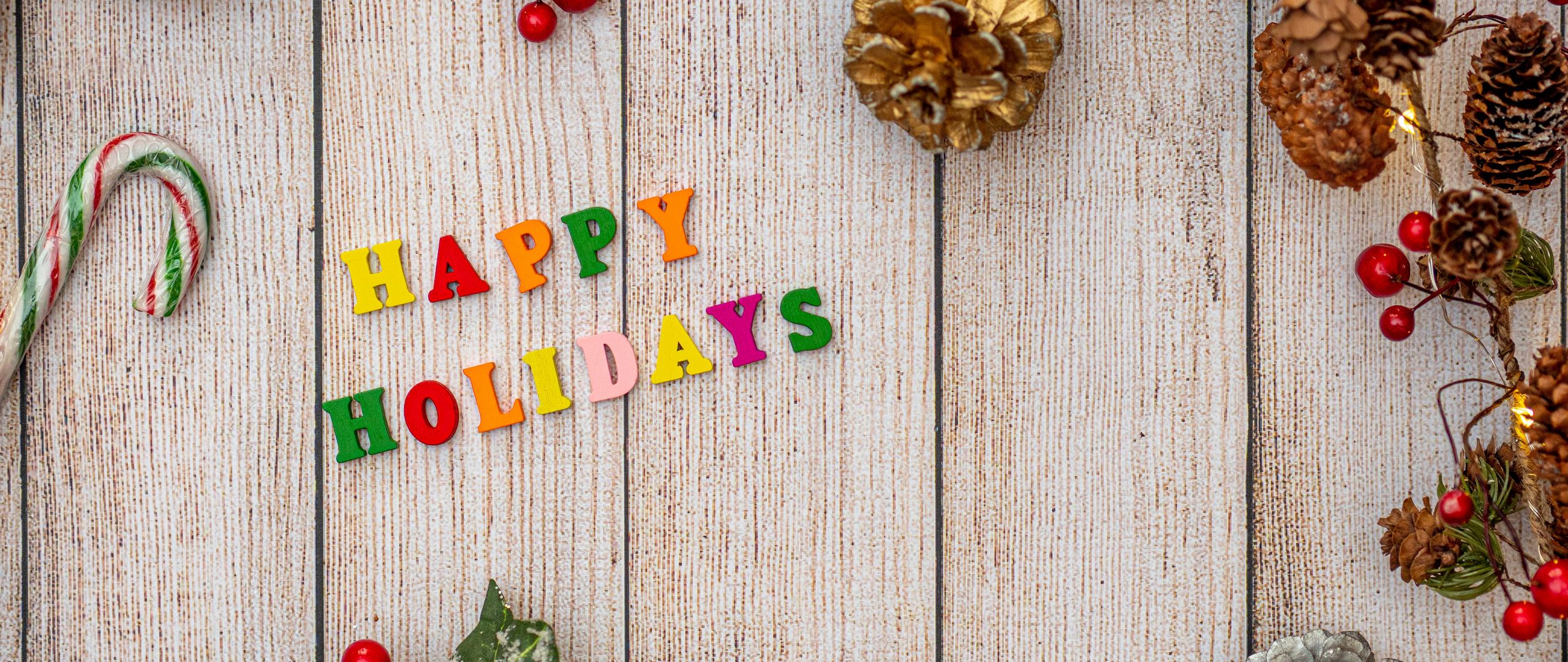 2560x1080 Wallpaper letters, multicolored, decoration, holidays, new year, christmas