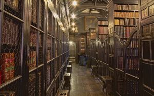 Preview wallpaper library, books, room, interior, wooden