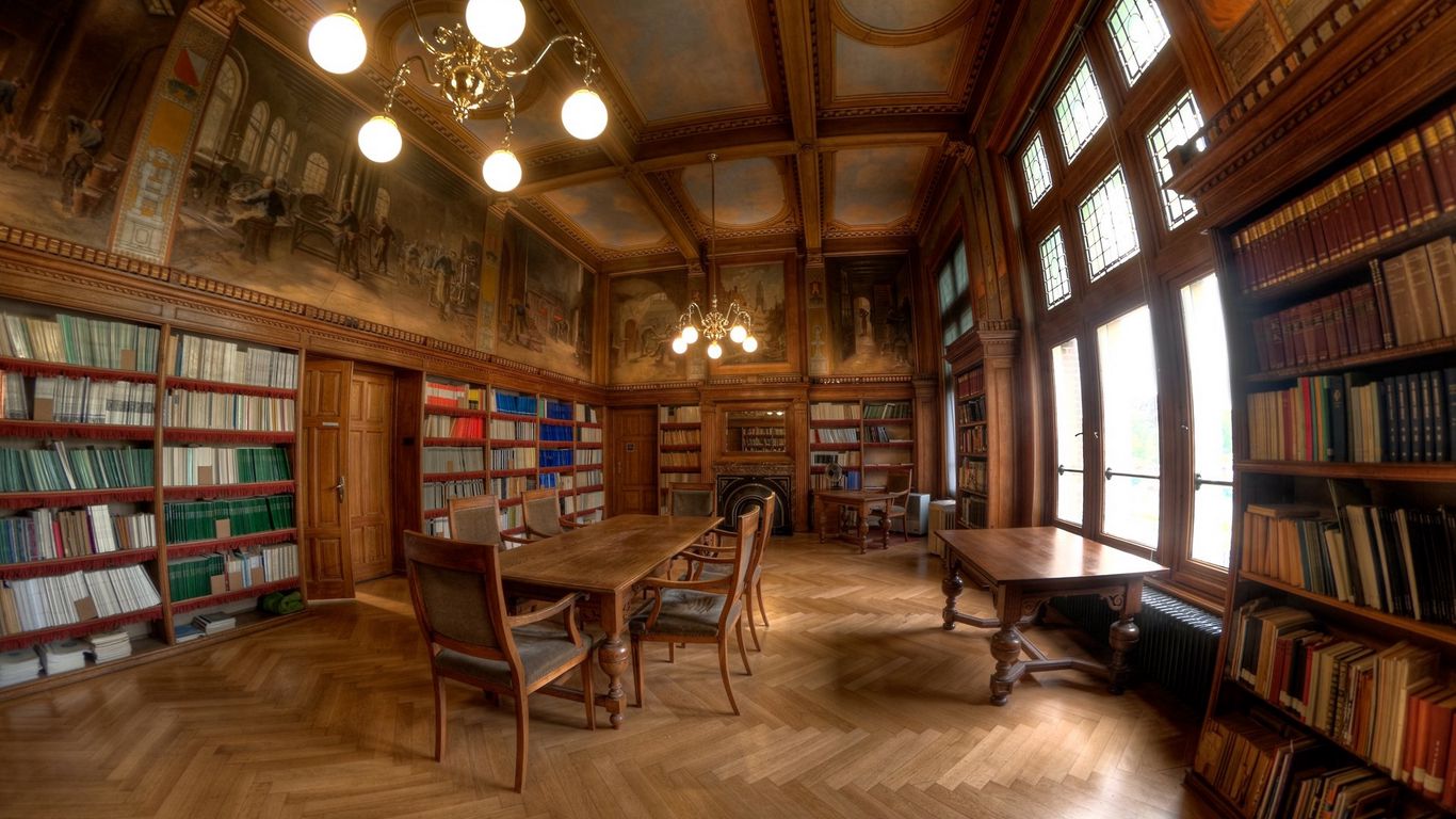 Hình nền Wooden Library Wallpaper tạo nên một không gian ấn tượng, kiến trúc cổ điển với các giá sách lớn trang trí quanh năm. Những đốm sáng tạo ra từ ánh đèn chiếu lên các quyển sách làm nổi bật vẻ đẹp quyến rũ của hình nền này.