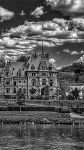 Preview wallpaper lieser, castle, architecture, clouds, river, building, germany, bw