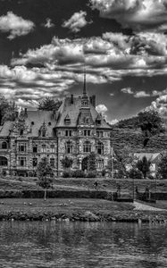 Preview wallpaper lieser, castle, architecture, clouds, river, building, germany, bw