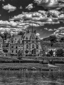 Preview wallpaper lieser, castle, architecture, clouds, river, building, germany, bw