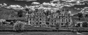 Preview wallpaper lieser, castle, architecture, clouds, river, building, germany, bw