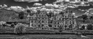 Preview wallpaper lieser, castle, architecture, clouds, river, building, germany, bw