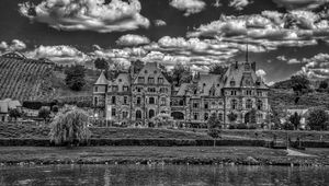 Preview wallpaper lieser, castle, architecture, clouds, river, building, germany, bw