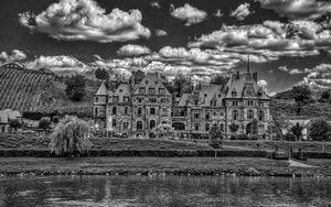Preview wallpaper lieser, castle, architecture, clouds, river, building, germany, bw