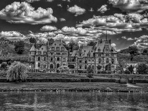 Preview wallpaper lieser, castle, architecture, clouds, river, building, germany, bw