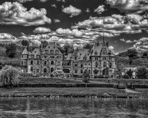 Preview wallpaper lieser, castle, architecture, clouds, river, building, germany, bw