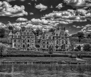 Preview wallpaper lieser, castle, architecture, clouds, river, building, germany, bw