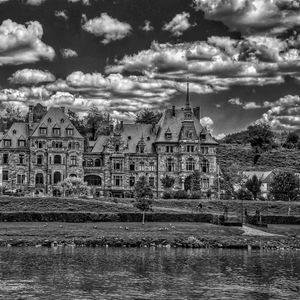 Preview wallpaper lieser, castle, architecture, clouds, river, building, germany, bw